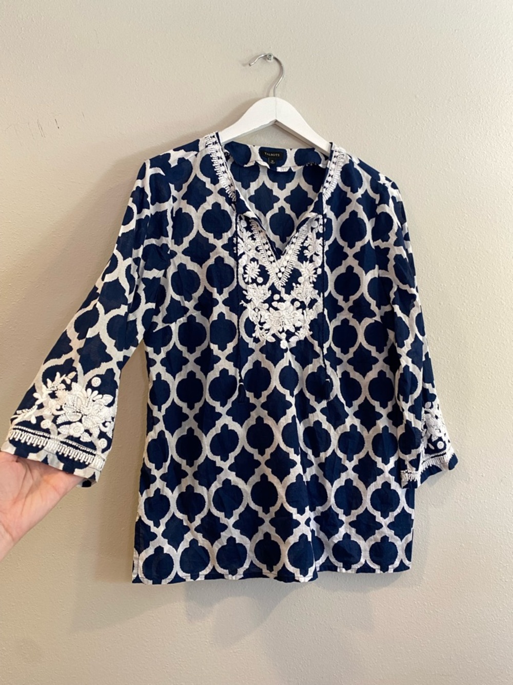 Talbots Navy White Lattice Embroidered Tunic Cotton Boho Peasant Top Size Medium - Picture 2 of 10